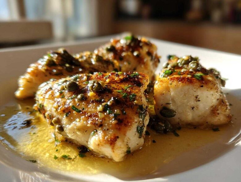 Close-up of three golden-brown chicken piccata pieces swimming in lemon-butter sauce with capers and parsley.