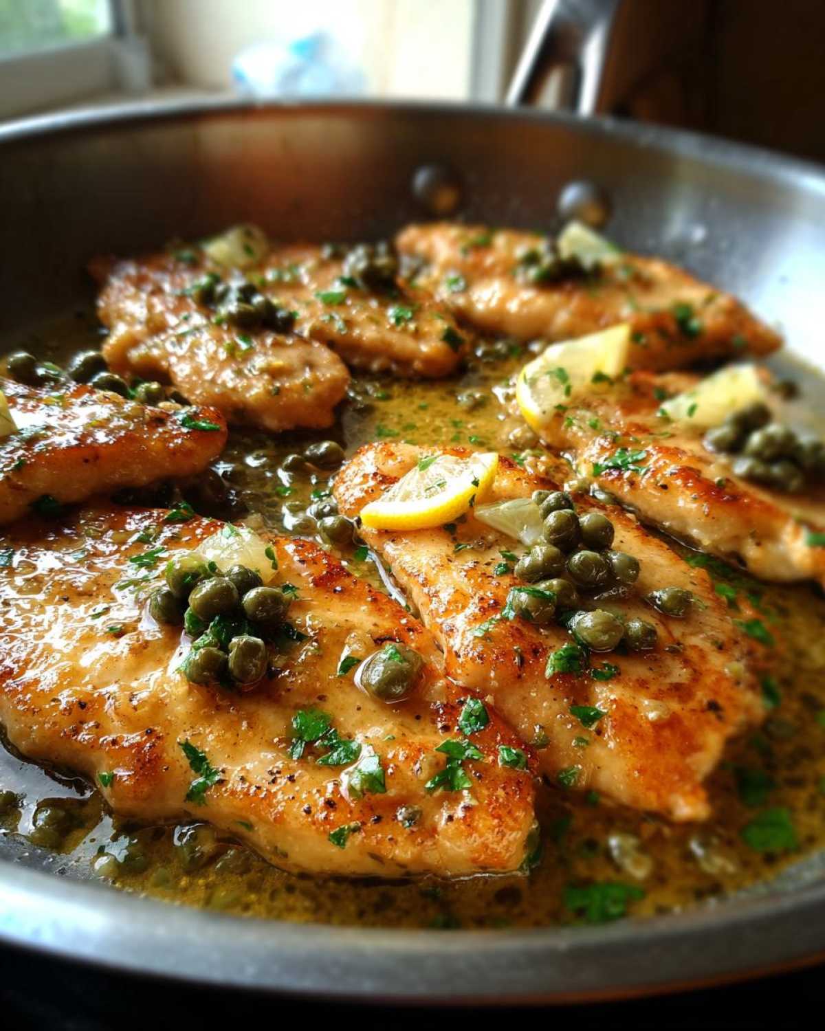 Close-up of pan-seared chicken piccata fillets simmering in a lemon butter sauce with capers and parsley.