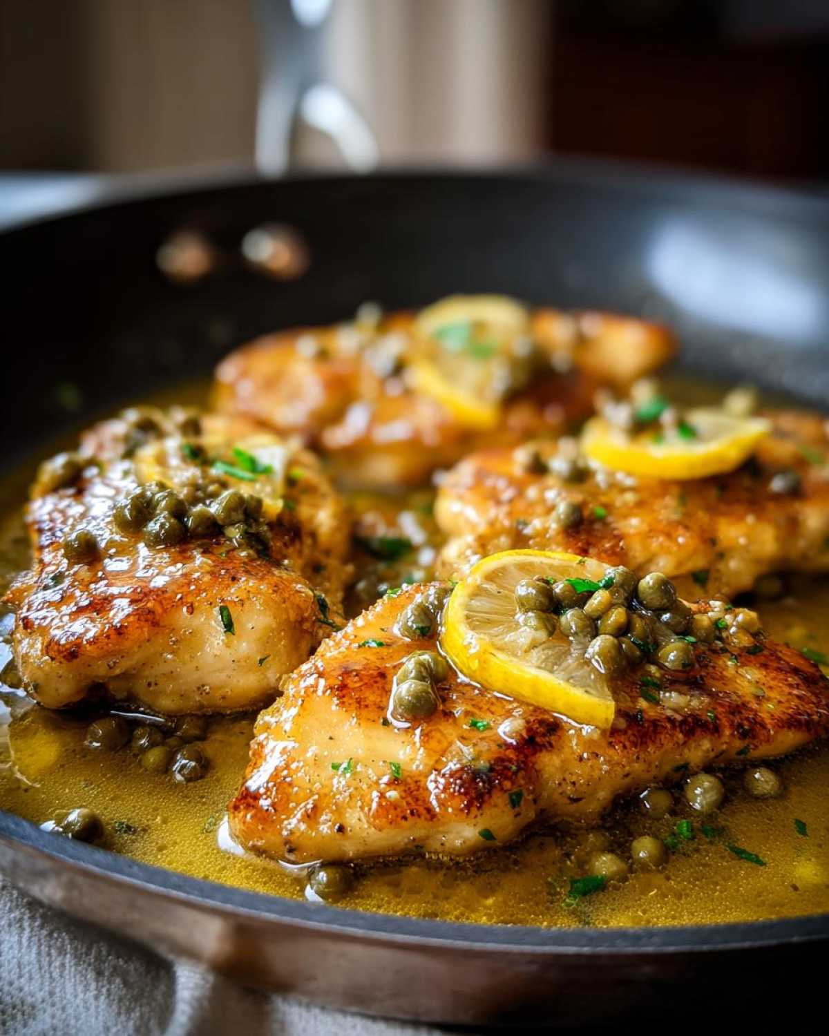 Close-up of golden-brown chicken piccata fillets simmering in a bright lemon-butter sauce with capers.