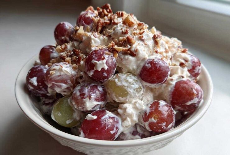A white bowl filled with creamy chicken salad chick grape salad, topped with chopped pecans.
