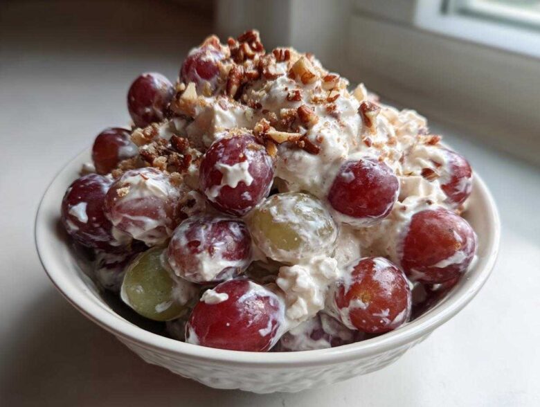 A white bowl filled with creamy chicken salad chick grape salad, topped with chopped pecans.