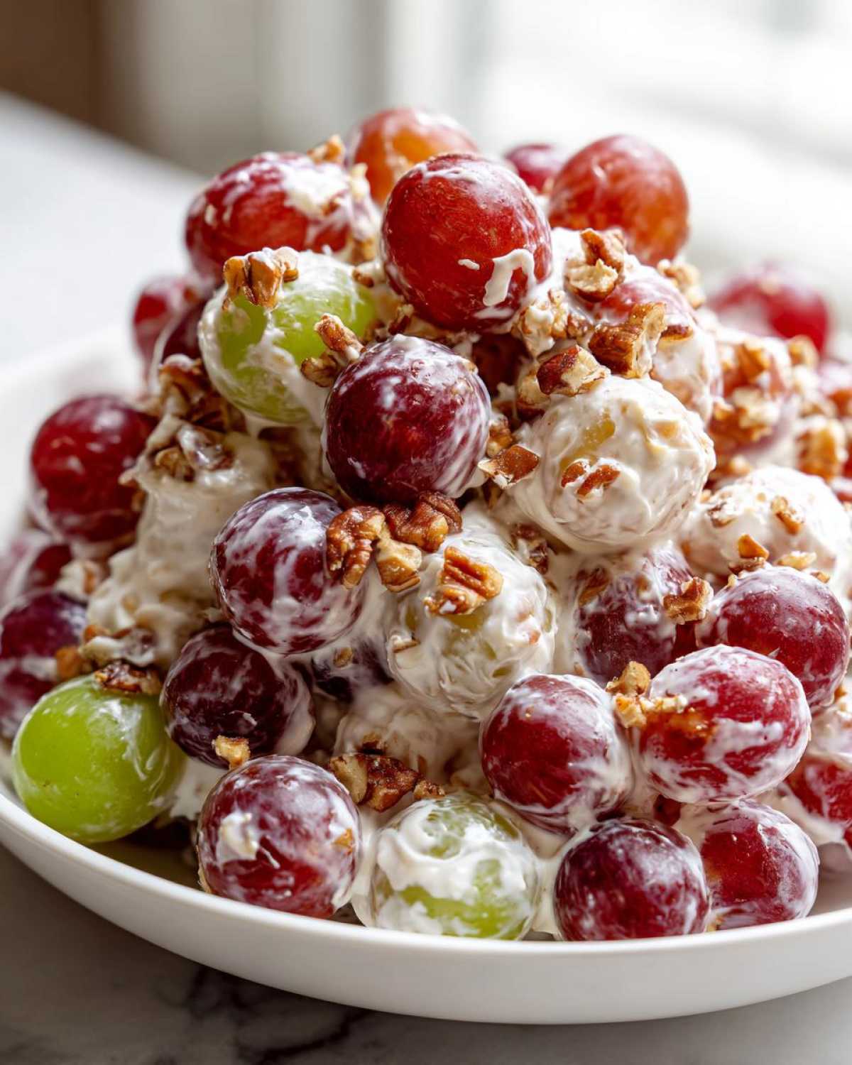 A close-up of creamy chicken salad chick grape salad featuring red and green grapes coated in dressing and topped with chopped pecans.