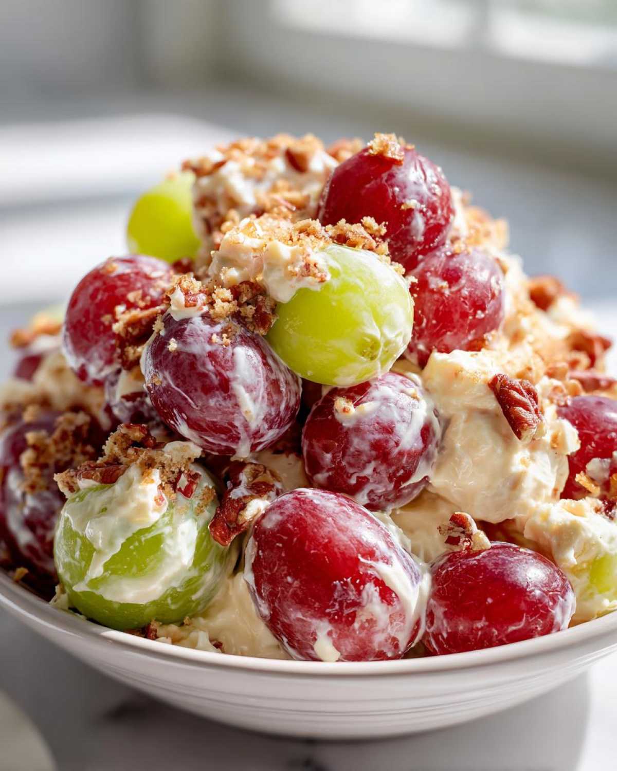 A close-up of creamy chicken salad chick grape salad featuring red and green grapes coated in dressing and topped with chopped pecans.