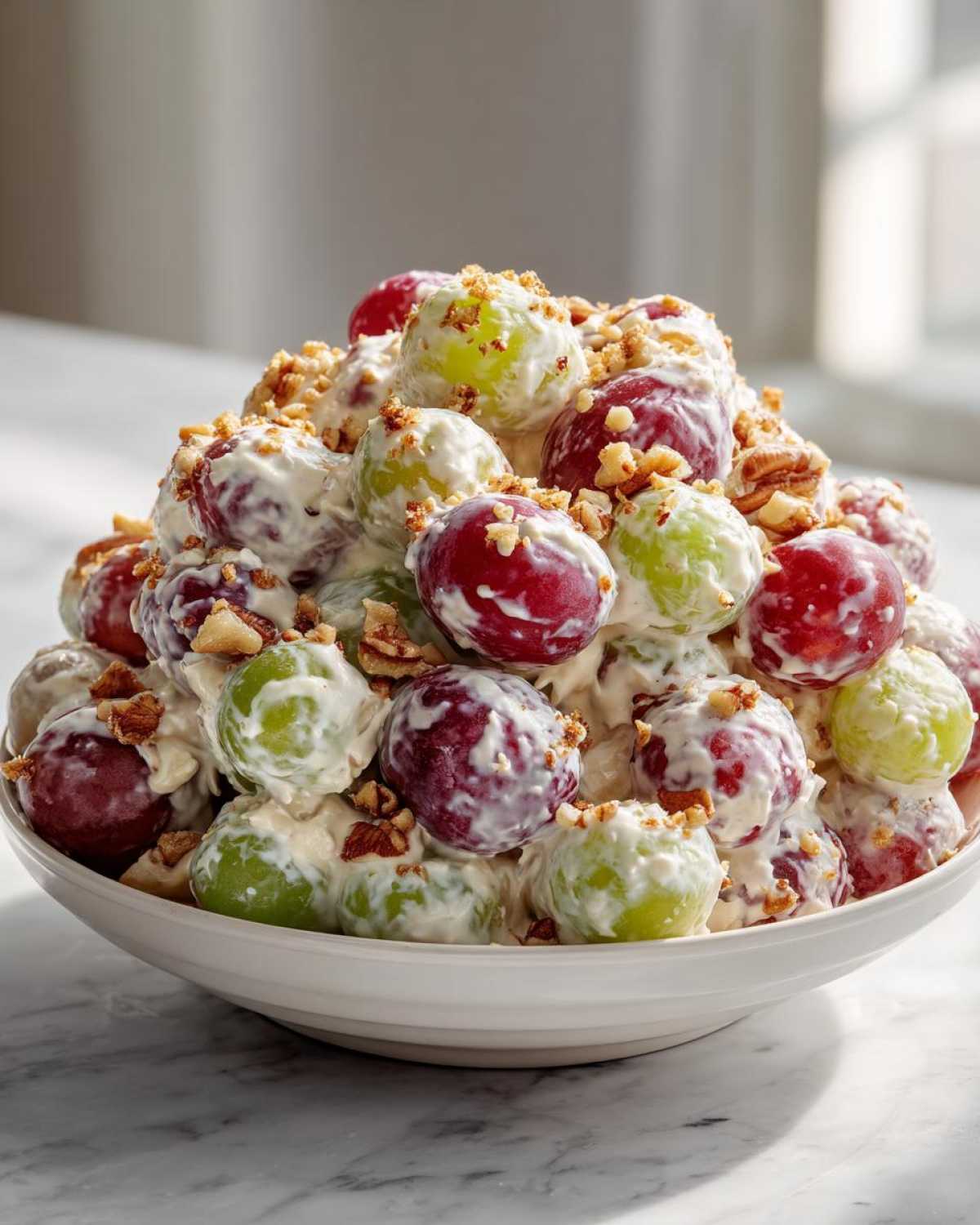A bowl overflowing with creamy chicken salad chick grape salad, featuring red and green grapes coated in dressing and topped with pecans.
