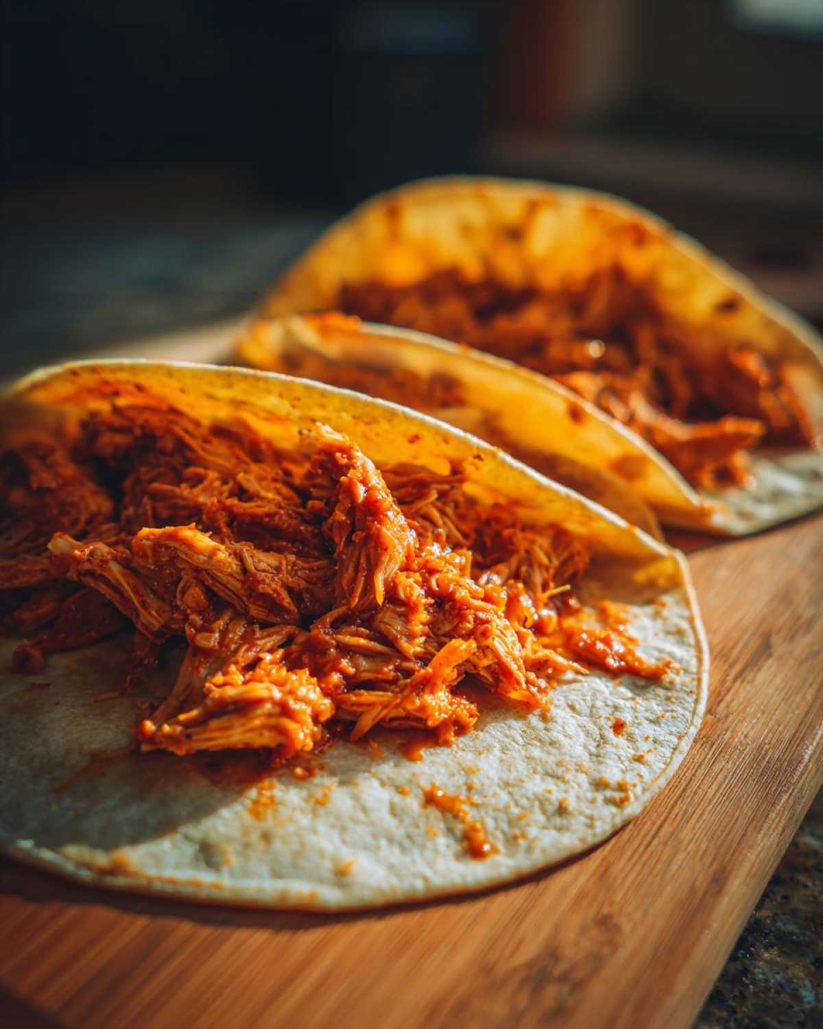 Three soft tortillas filled with vibrant, shredded chicken tinga mixture, ready to be served.