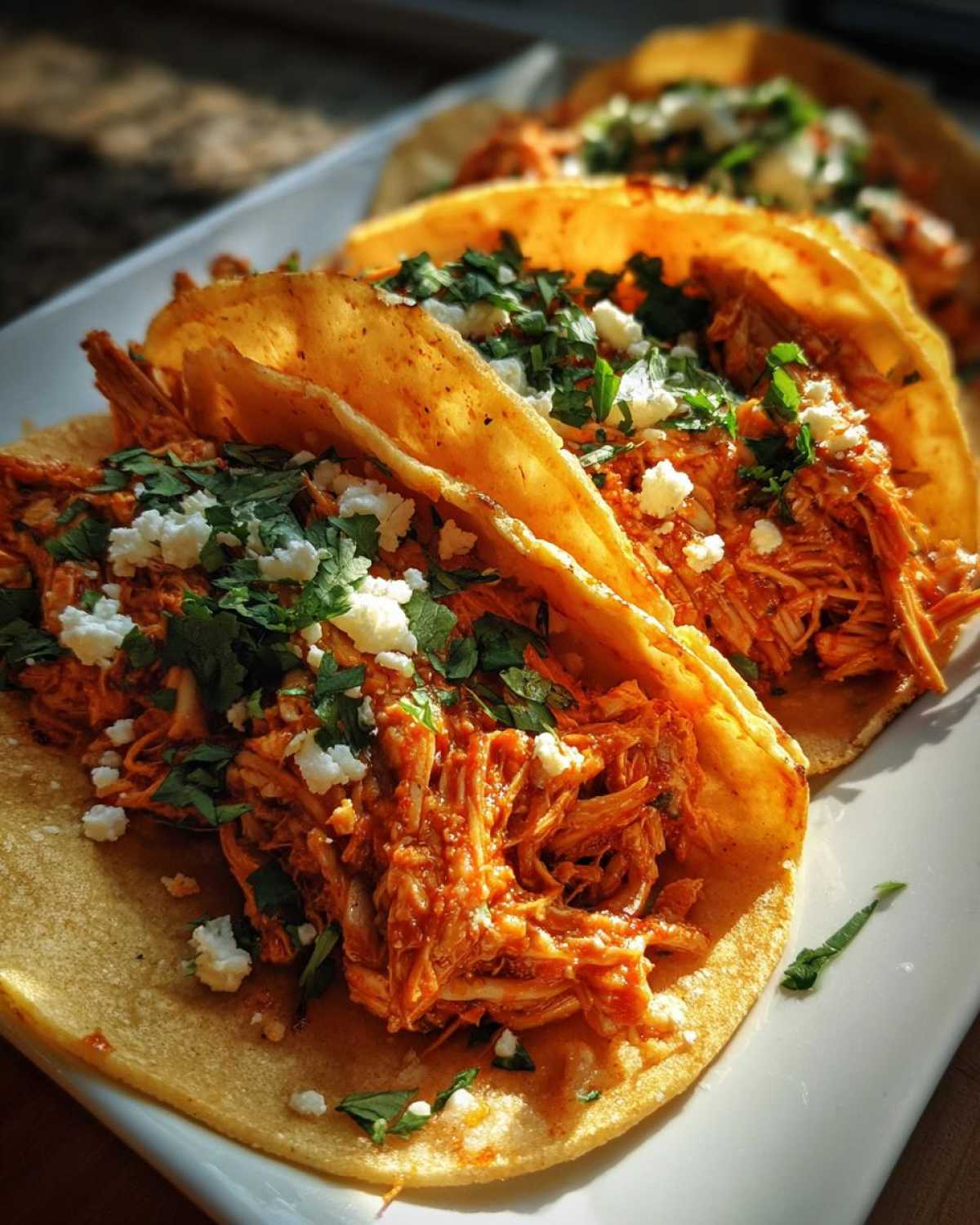 Close-up of three soft corn tortillas filled with shredded chicken tinga, topped with cotija cheese and cilantro.