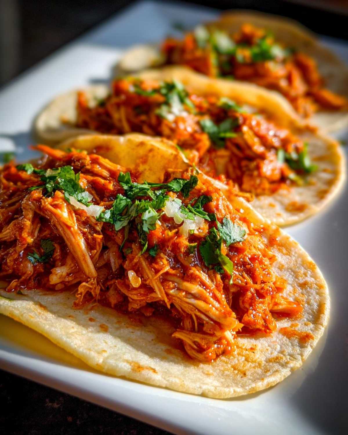Close-up of three soft corn tortillas filled with saucy shredded chicken tinga and topped with cilantro and onion.