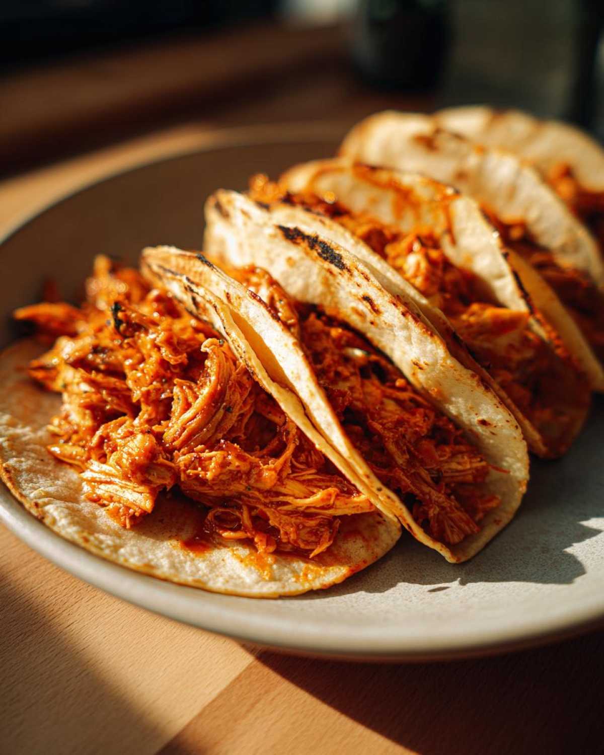 Four soft corn tortillas filled generously with saucy, shredded chicken tinga, resting on a gray plate.
