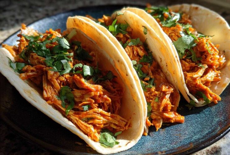 Three soft corn tortillas filled with saucy shredded chicken tinga and topped with fresh cilantro.