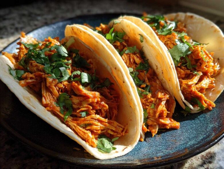 Three soft corn tortillas filled with saucy shredded chicken tinga and topped with fresh cilantro.