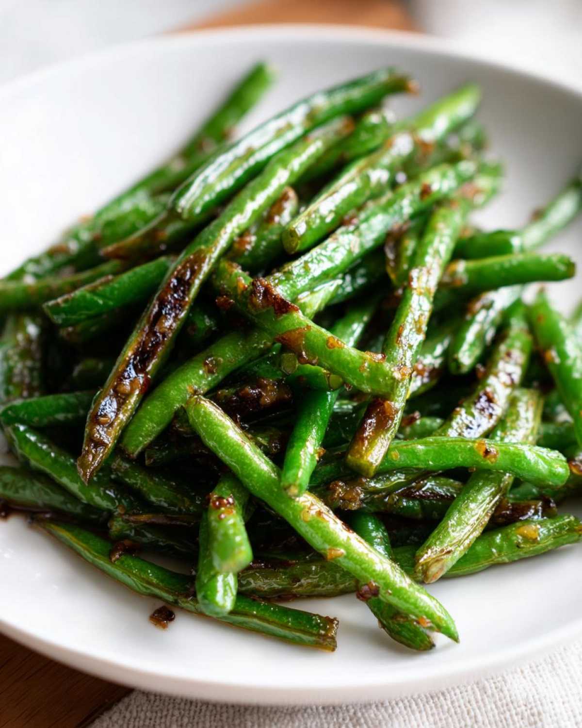 A close-up of vibrant, blistered chinese green beans with garlic sauce piled on a white plate.