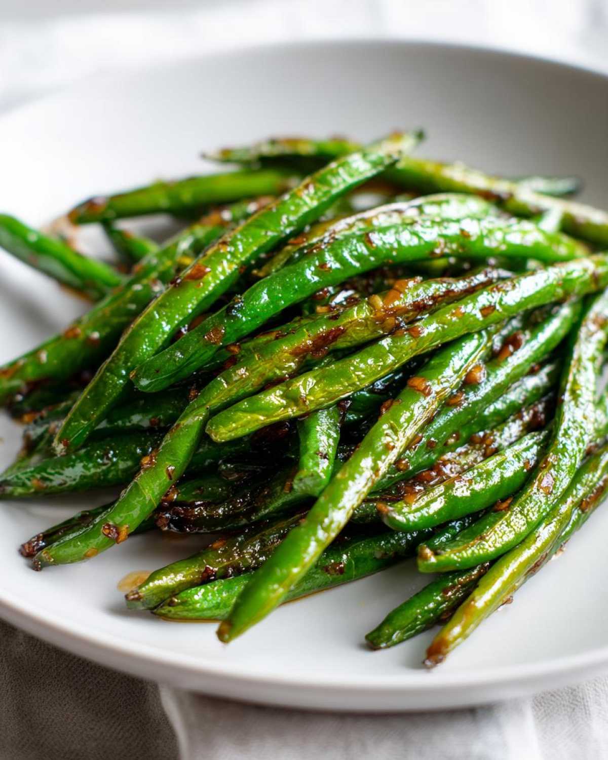 Close-up of vibrant, glossy Chinese green beans with garlic sauce piled on a white plate.