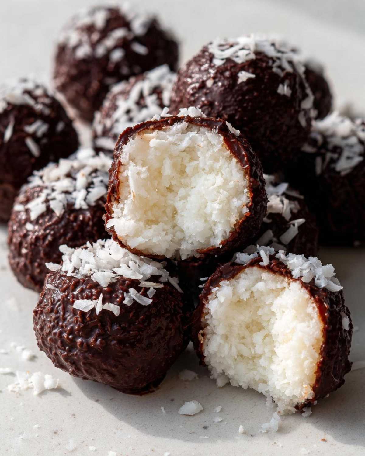 Close-up of chocolate covered coconut balls, one is bitten open revealing the white coconut filling.
