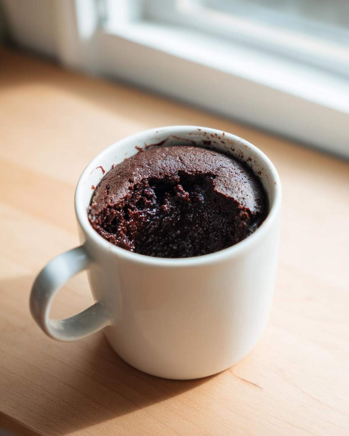 Close-up of a rich, dark chocolate mug cake inside a white mug, showing a bite taken out.