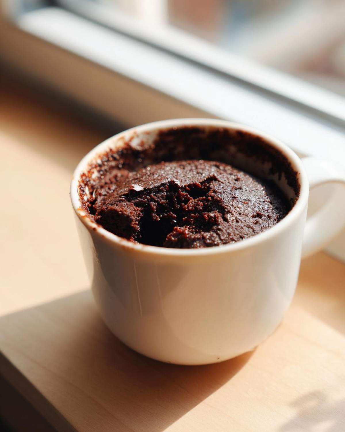 Close-up of a rich, dark chocolate mug cake baked inside a white ceramic mug, sitting by a sunny window.