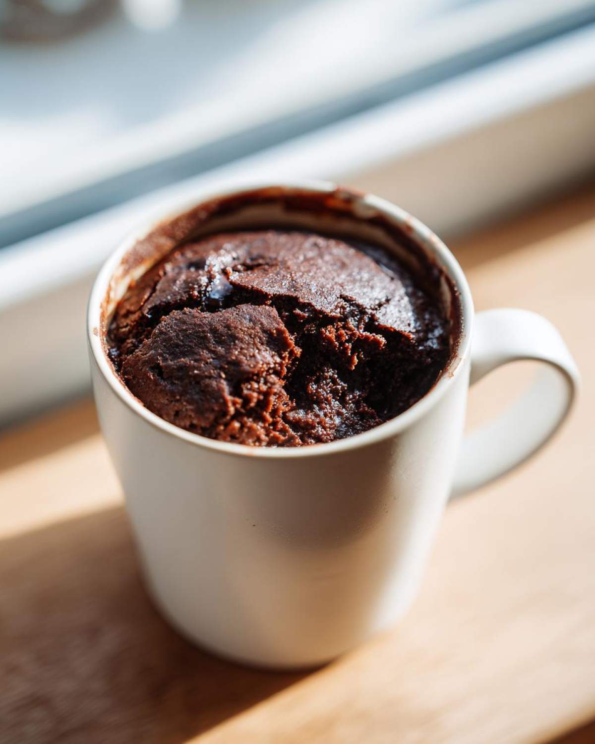 Close-up of a rich, dark chocolate mug cake baked inside a white ceramic mug.