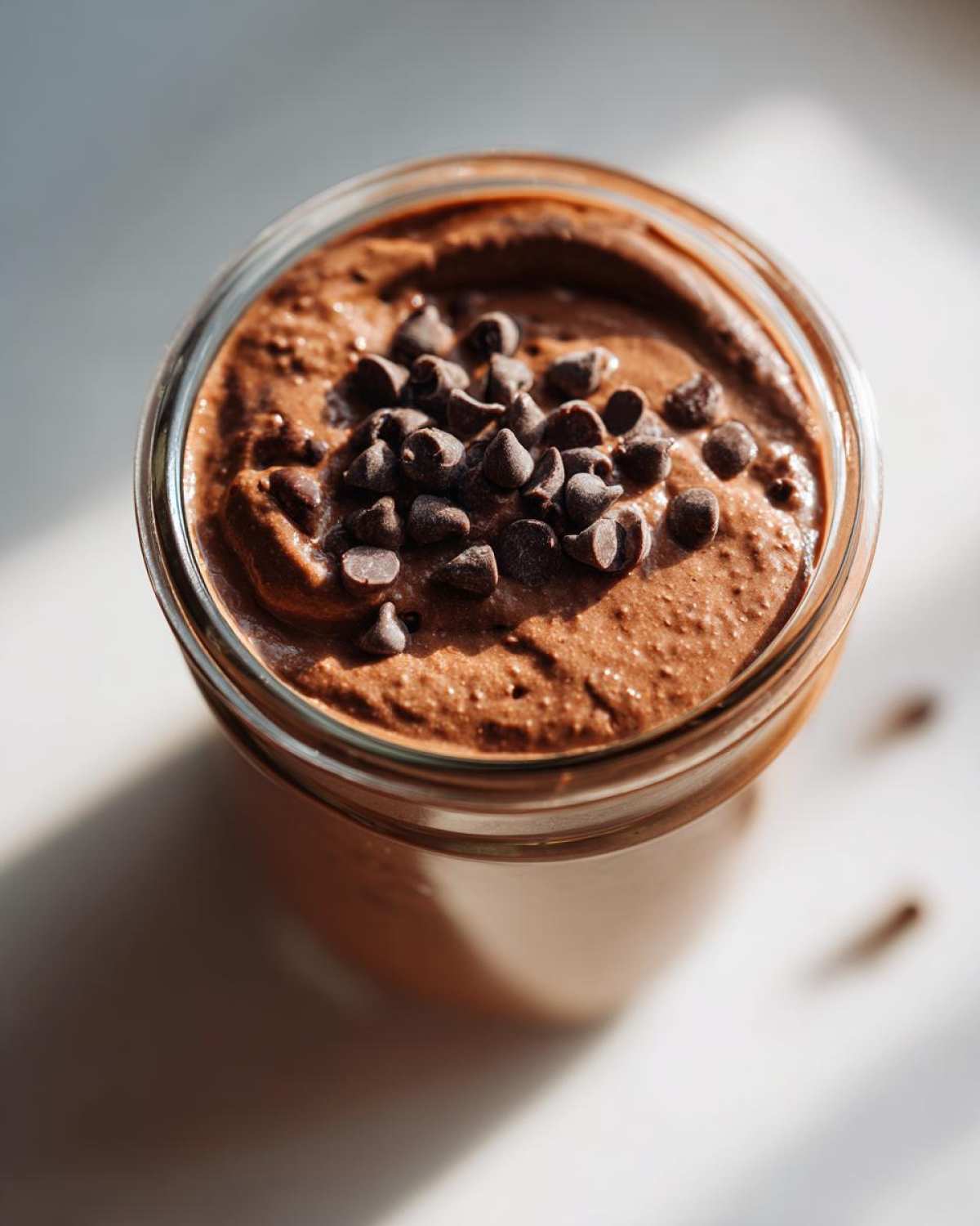 Overhead view of rich chocolate overnight oats in a glass jar, topped with mini chocolate chips.