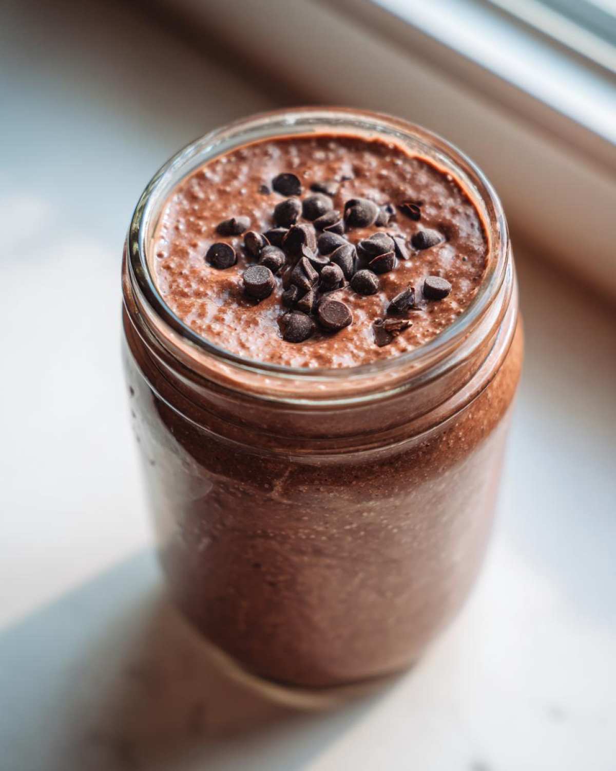 Close-up of rich chocolate overnight oats topped with mini chocolate chips in a glass jar.