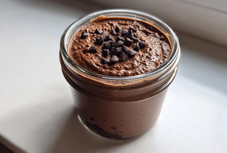 Close-up of creamy chocolate overnight oats topped with mini chocolate chips in a glass jar.