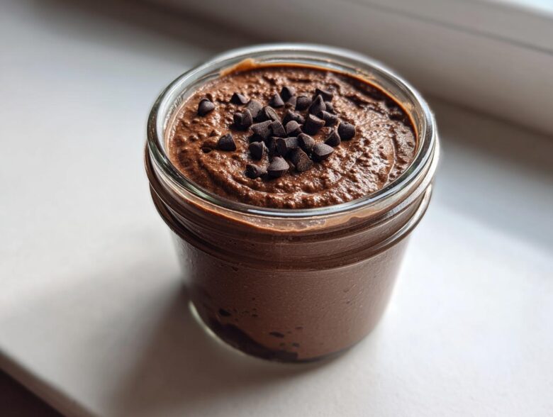 Close-up of creamy chocolate overnight oats topped with mini chocolate chips in a glass jar.
