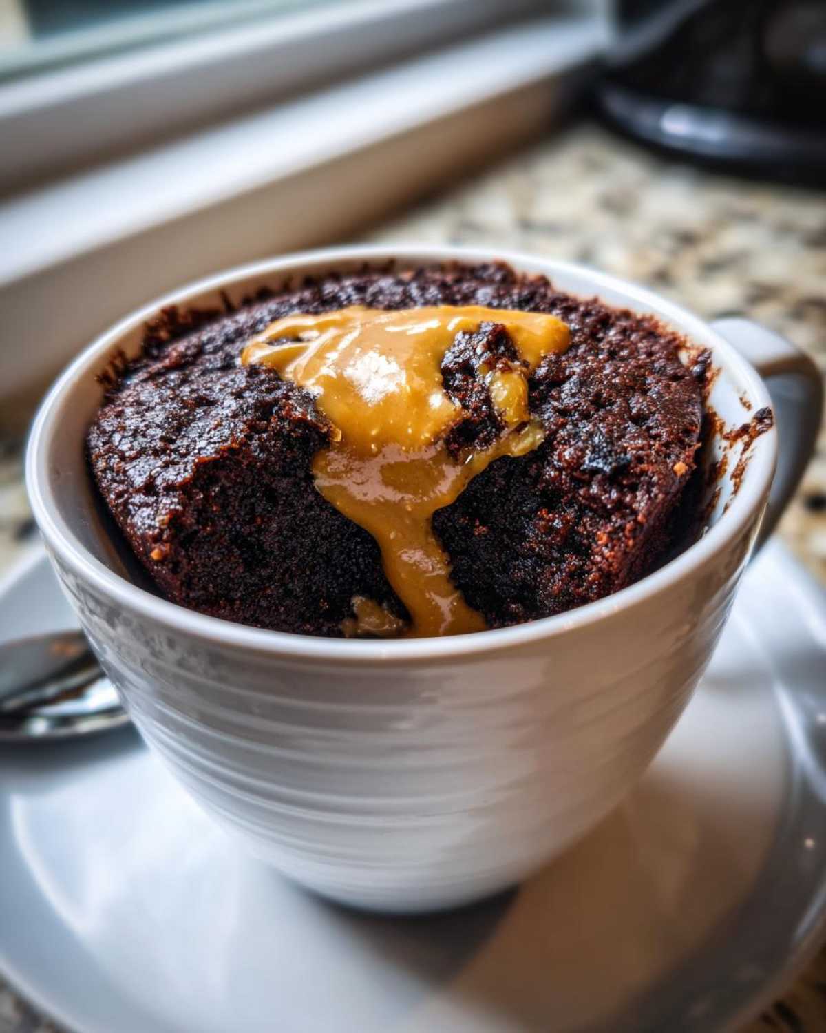 Close-up of a rich chocolate protein mug cake topped with a thick caramel sauce drizzle, served in a white mug.