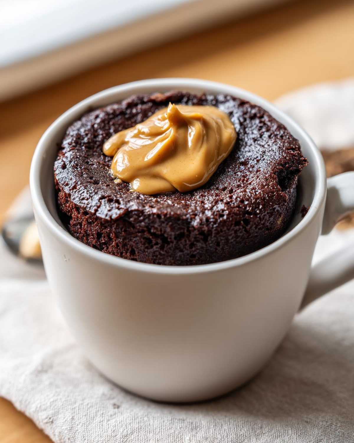 Close-up of a rich chocolate protein mug cake topped with a dollop of creamy peanut butter in a white mug.