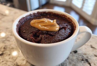 Close-up of a rich chocolate protein mug cake topped with a dollop of peanut butter in a white mug.