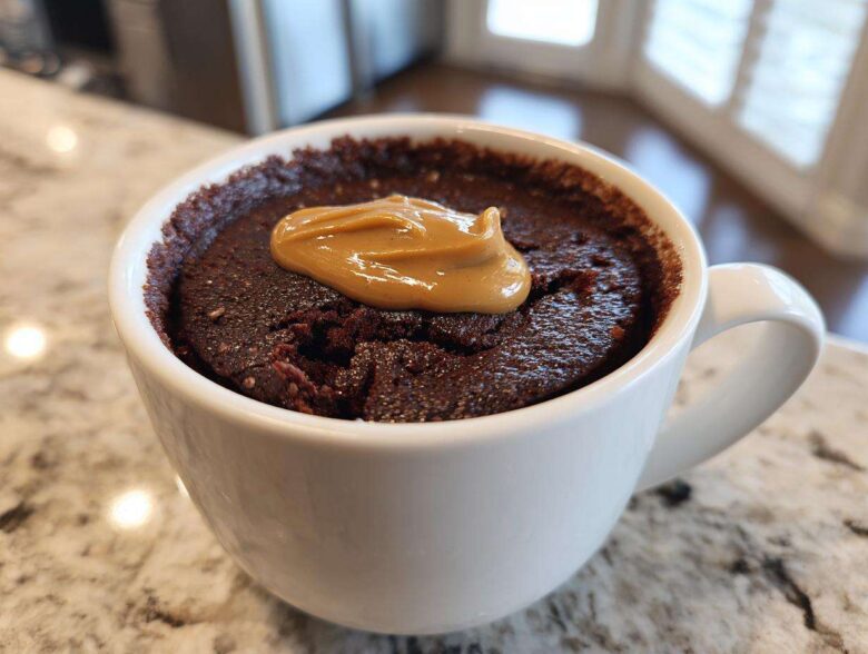 Close-up of a rich chocolate protein mug cake topped with a dollop of peanut butter in a white mug.
