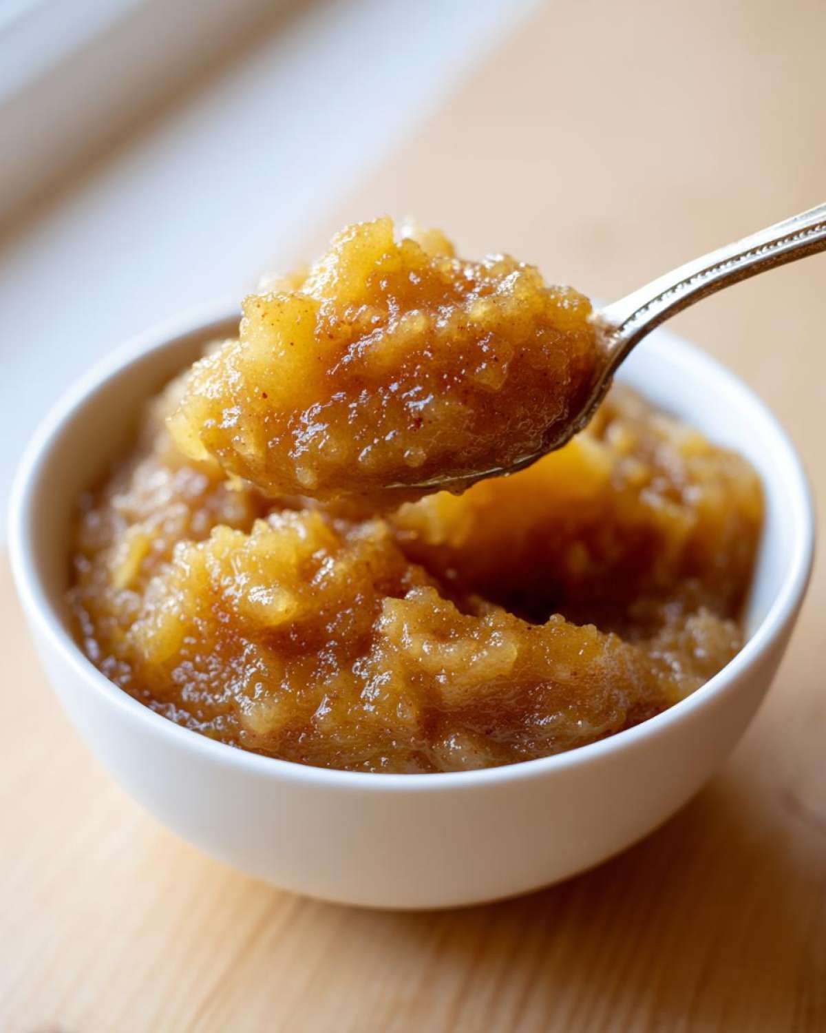 A spoonful of chunky, golden homemade applesauce being lifted from a white bowl.