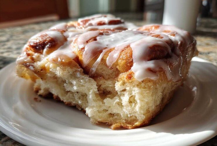 A close-up of a fluffy, glazed piece of cinnamon roll casserole served on a white plate.