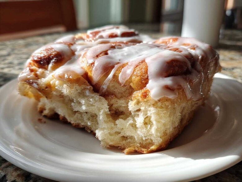 A close-up of a fluffy, glazed piece of cinnamon roll casserole served on a white plate.