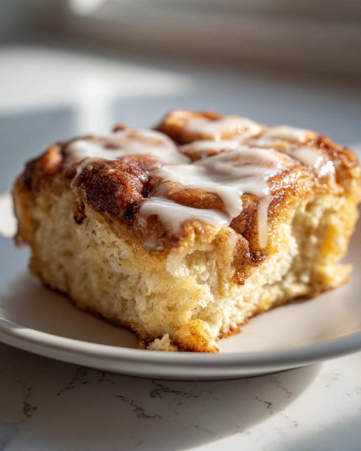 A close-up shot of a square serving of soft cinnamon roll casserole topped with white icing.