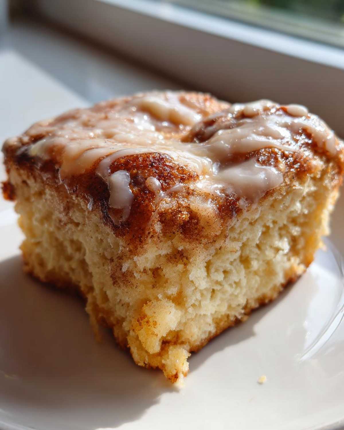 Close-up of a square piece of fluffy Cinnamon roll casserole topped with sweet white icing.