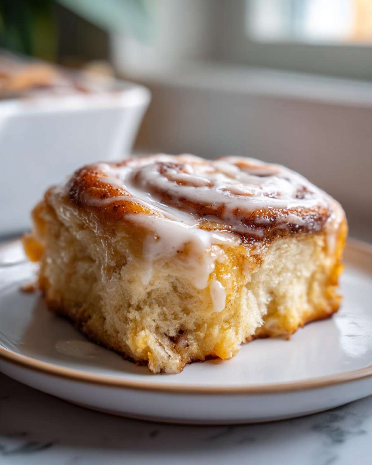 Close-up of a soft, gooey slice of cinnamon roll casserole topped with white vanilla icing.