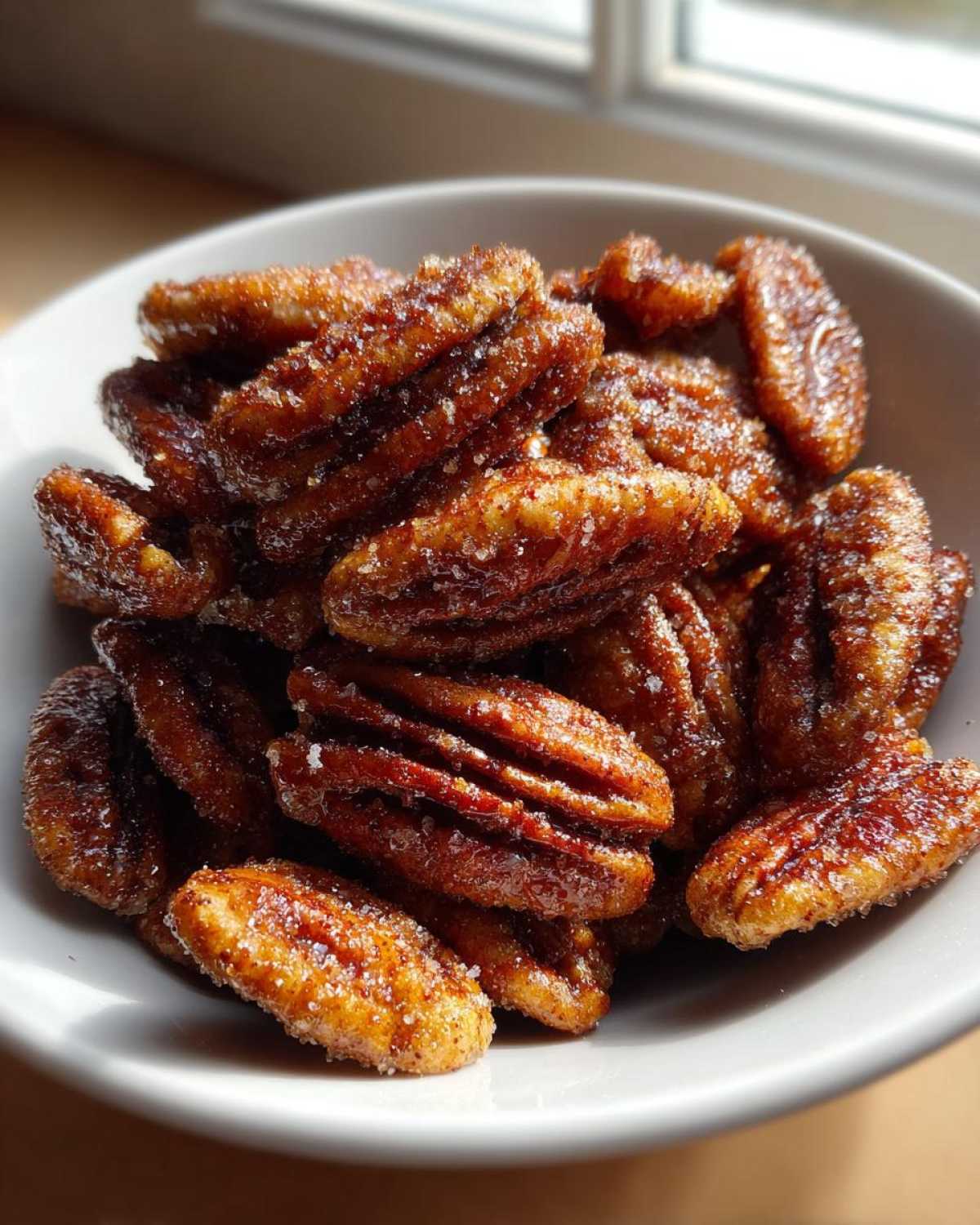 A close-up of glazed cinnamon sugar pecans piled high in a white bowl, showing the sugary coating.