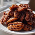 A pile of glistening cinnamon sugar pecans, coated in visible sugar crystals, served on a small white plate.