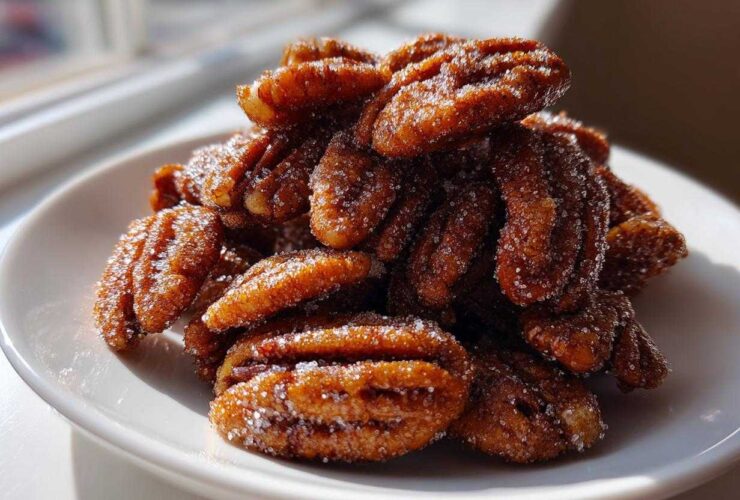 A pile of glistening cinnamon sugar pecans, coated in visible sugar crystals, served on a small white plate.