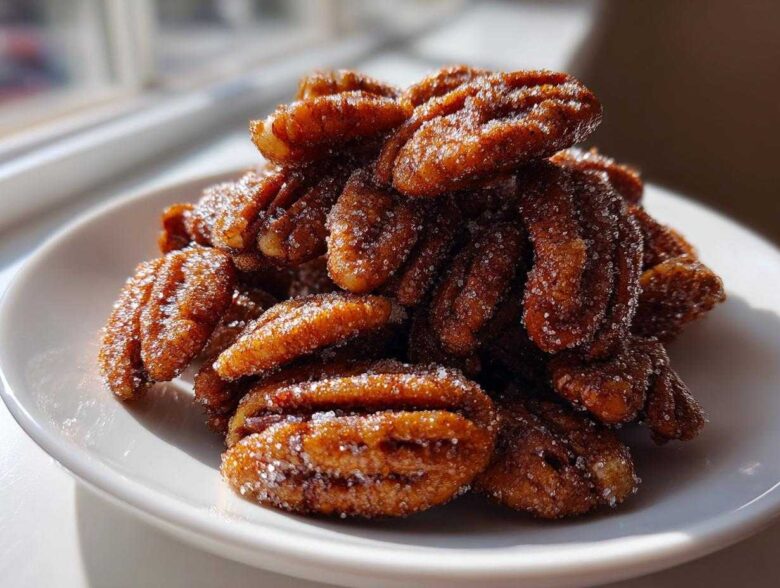 A pile of glistening cinnamon sugar pecans, coated in visible sugar crystals, served on a small white plate.