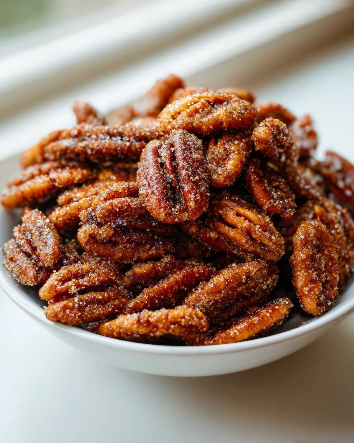 Close-up of a white bowl filled with glistening, crunchy cinnamon sugar pecans.
