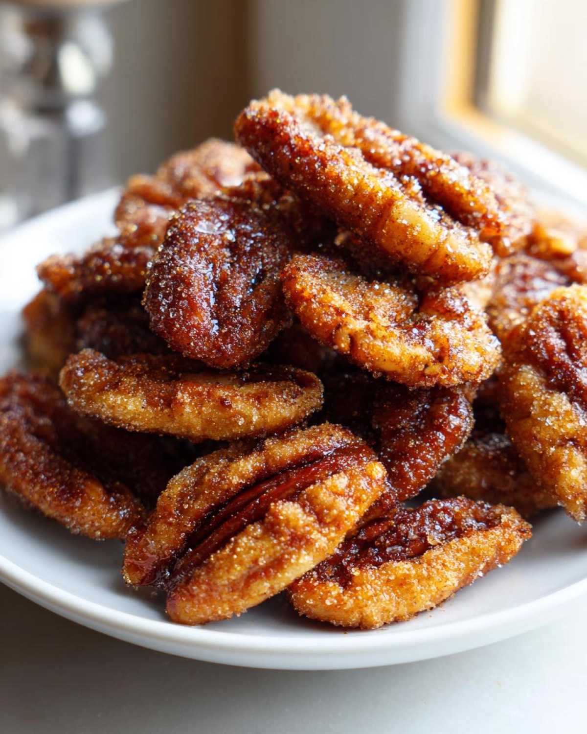 A close-up pile of freshly made cinnamon sugar pecans, coated in sparkling sugar crystals.