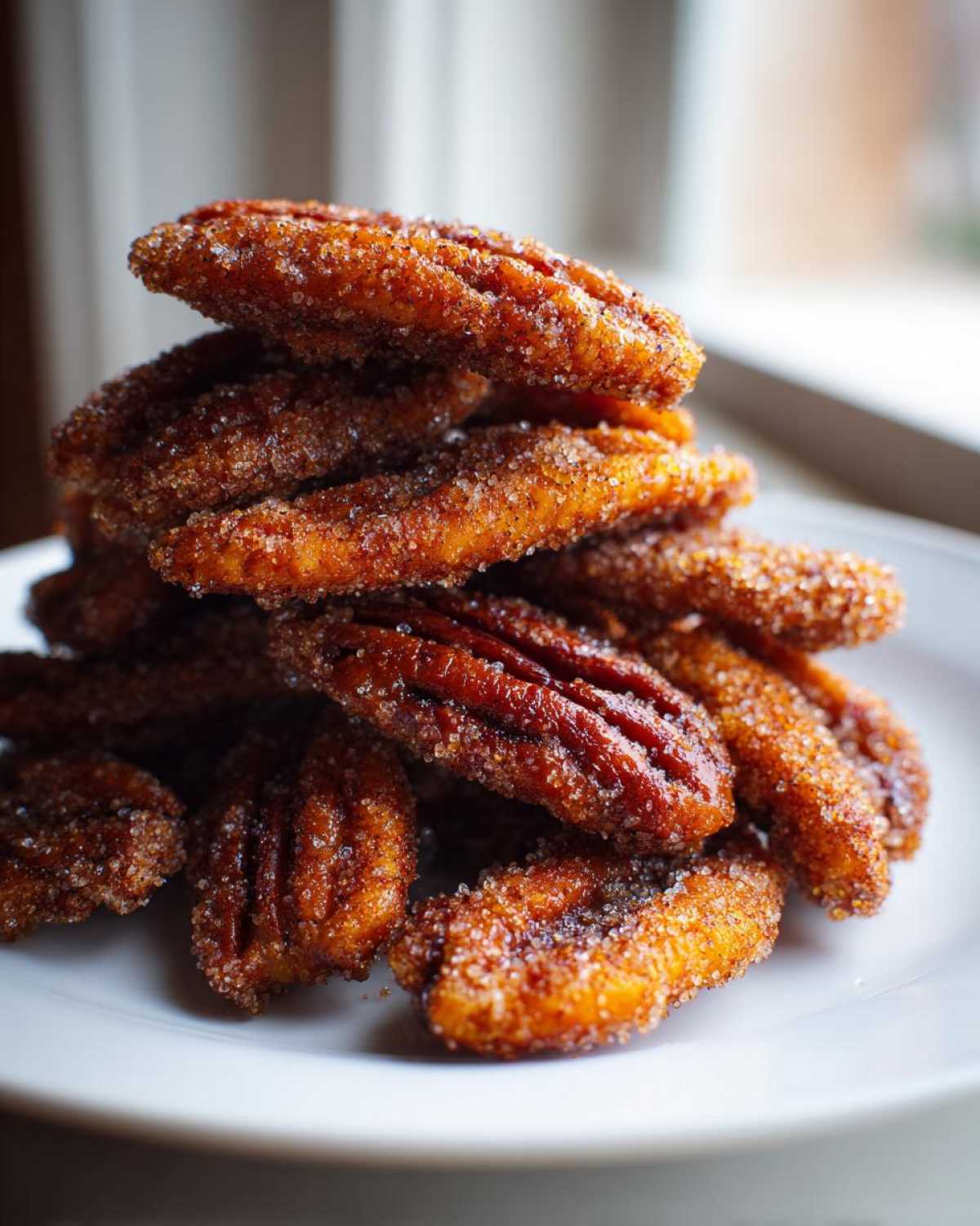 A close-up stack of glazed cinnamon sugar pecans coated heavily in sparkling sugar crystals.