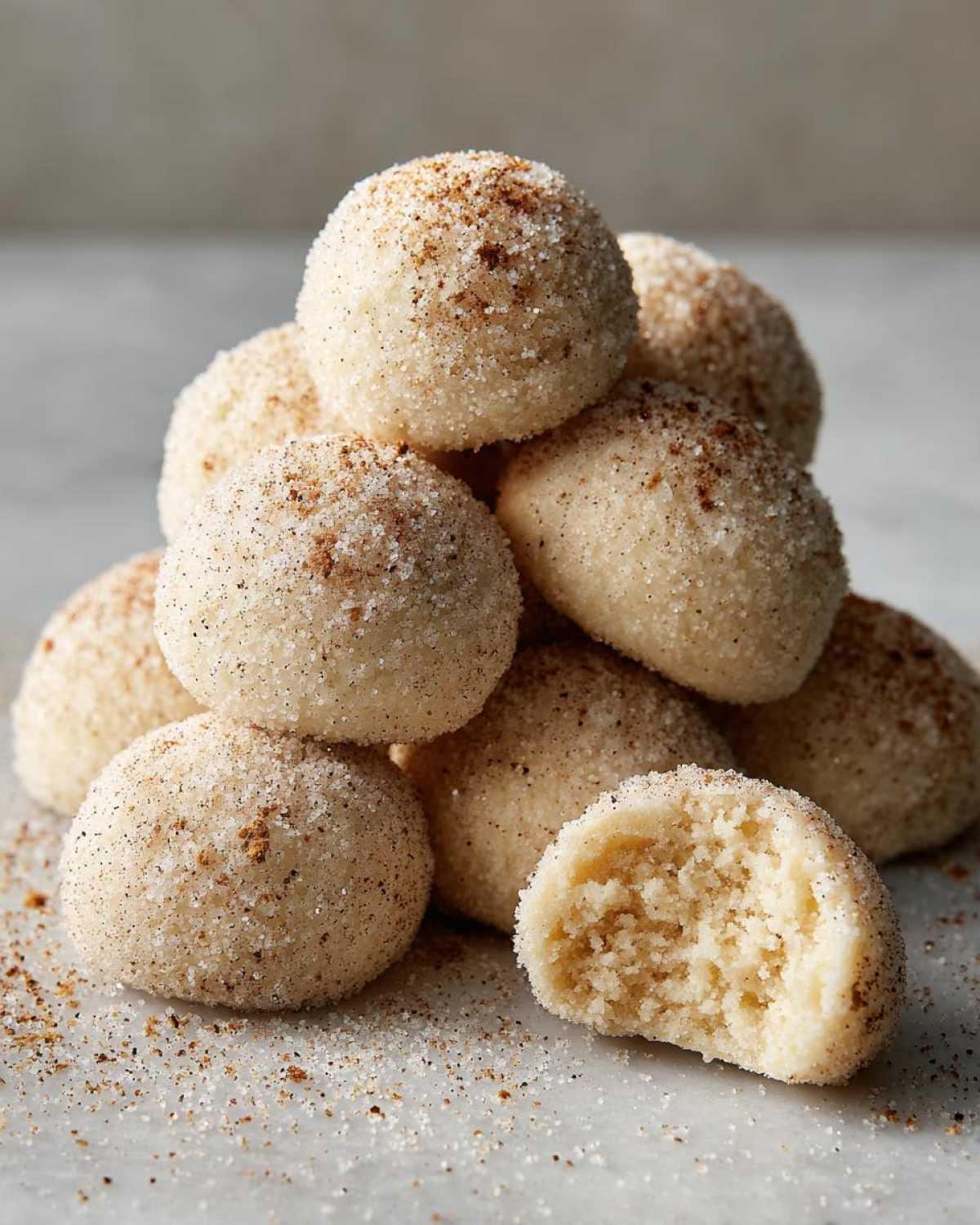 A stack of soft cinnamon sugar snowball cookies, one with a bite taken out showing the crumbly texture.