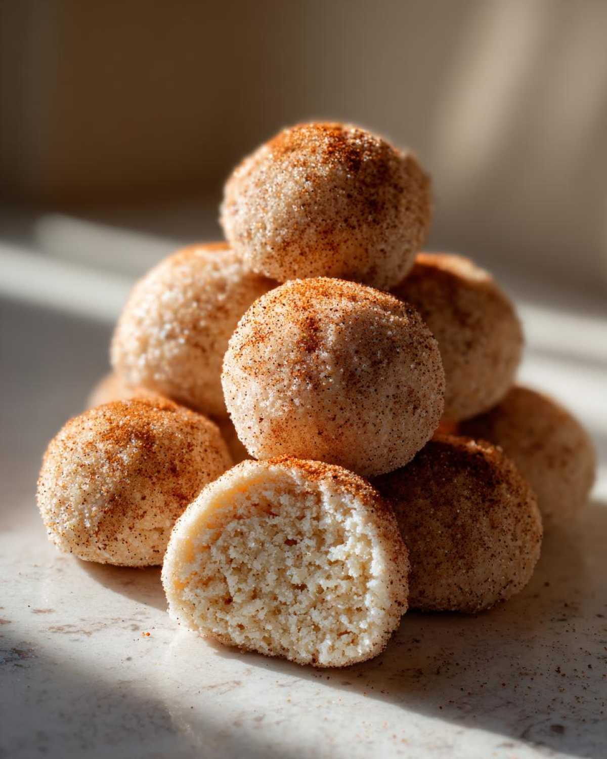 A stack of soft, round cinnamon sugar snowball cookies, one cut in half showing the crumb texture.