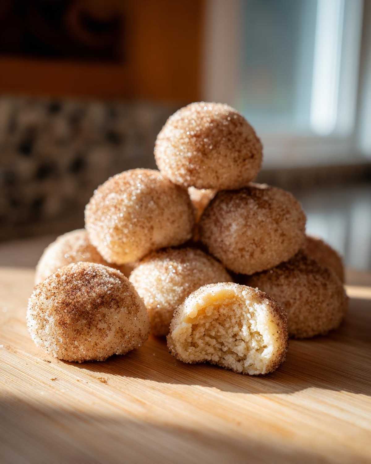 A stack of delicious cinnamon sugar snowball cookies, one cookie has a bite taken out showing the soft interior.