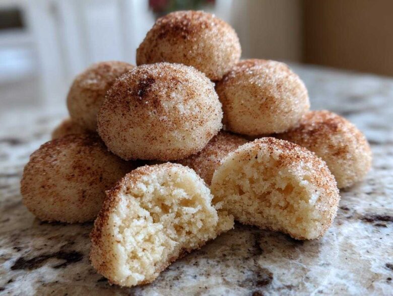 A stack of soft, round cinnamon sugar snowball cookies, with one cookie broken open to show the crumb.