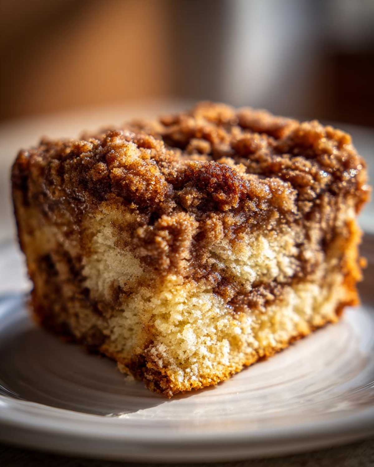 A close-up, sunlit photo of a moist slice of coffee cake featuring a thick, crumbly cinnamon streusel topping.
