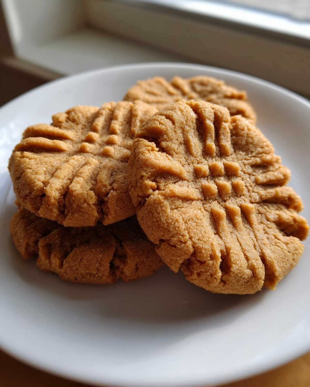 Four golden brown peanut butter cookies with classic criss-cross fork marks stacked on a white plate.