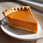 A perfect slice of classic pumpkin pie recipe showing the bright orange filling and flaky crust, served on a white plate.