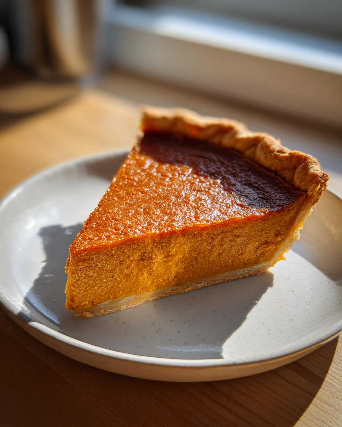 A perfect slice of classic pumpkin pie recipe with a golden crust sitting on a light gray plate.