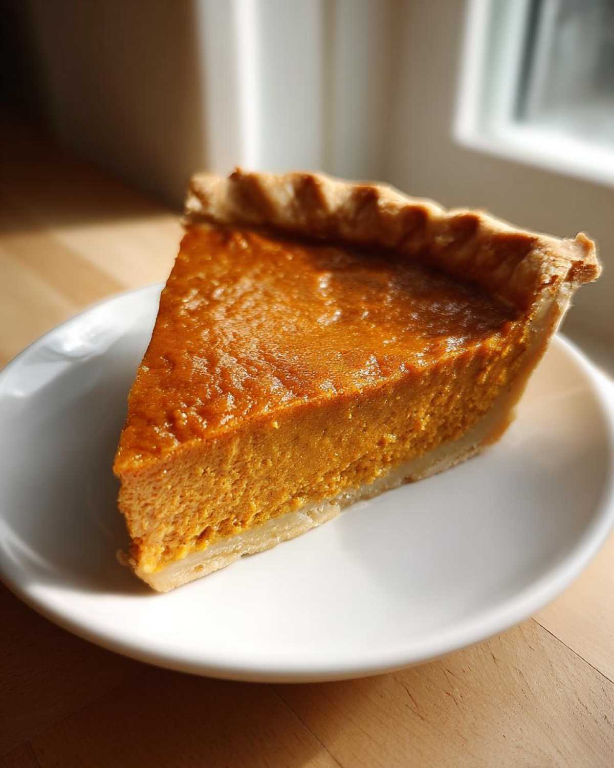 A perfect slice of classic pumpkin pie resting on a white plate, showing its rich orange filling.